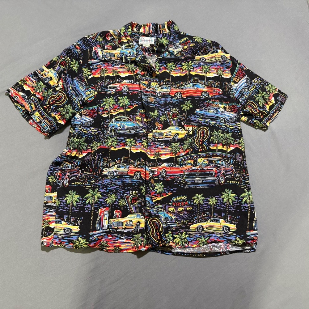 Vintage Reyn Spooner Shirt Mens XL Black Classic Car Neon Rayon Hawaiian Button